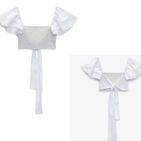 Zara white voluminous ruffle frill sleeve smocked open back crop top back tie L - Picture 1 of 13